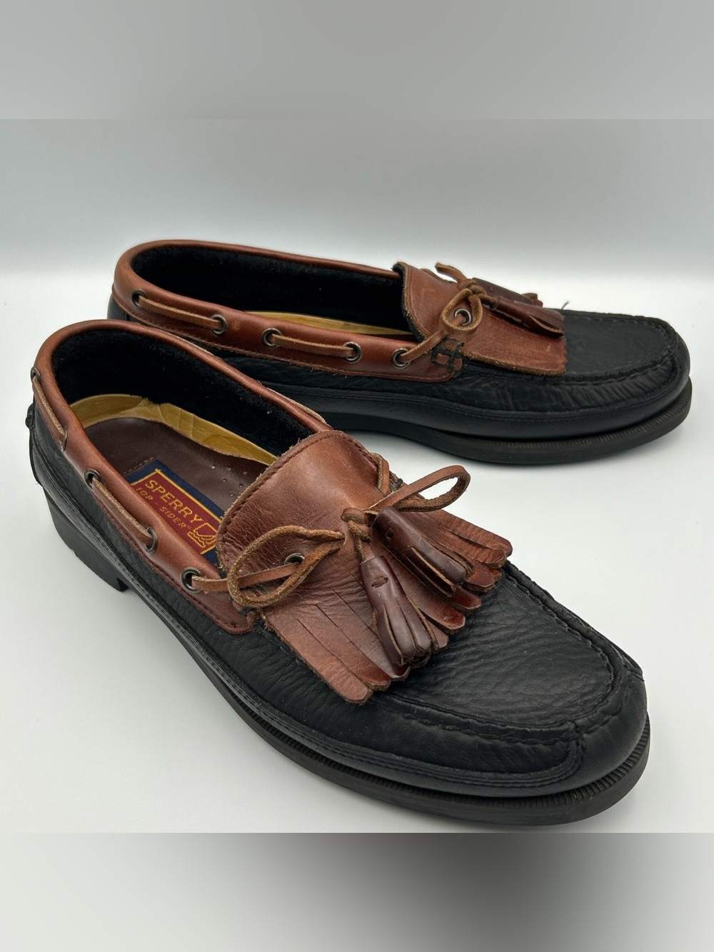 SPERRY Kiltie Tassel Boat Shoe Size 10 Yuppie Dress Moc Toe Loafer Black Leather